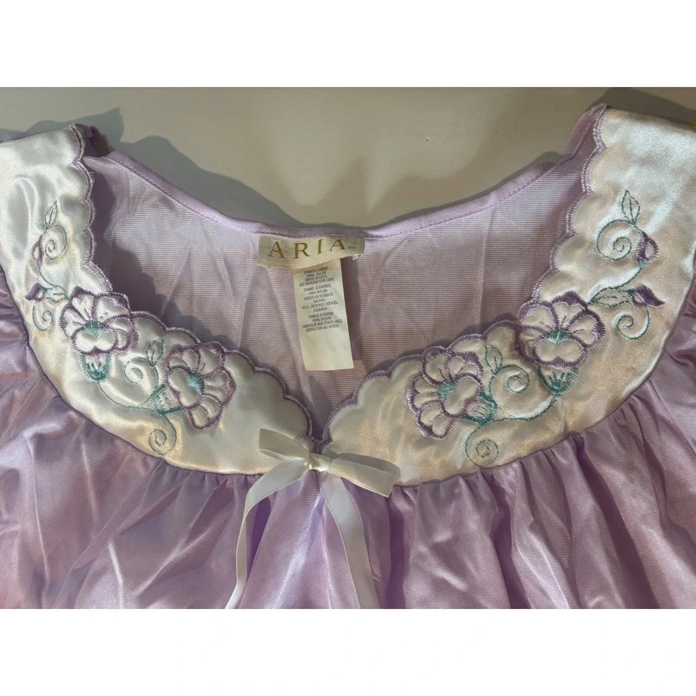 Aria Nightgown Large L NWT Vintage Style Purple Pastel Floral Embroidered Satin